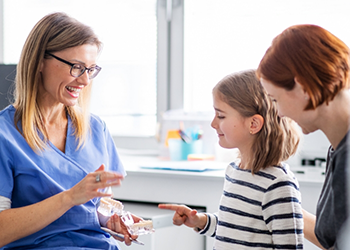 Dentist showing a model of the teeth to a young girl and her mother