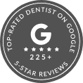 Seal that reads top rated dentist on Google over 225 5 star reviews